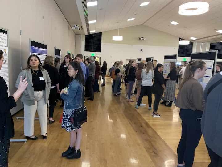 A group of students presenting posters in the ballrooms to onlookers